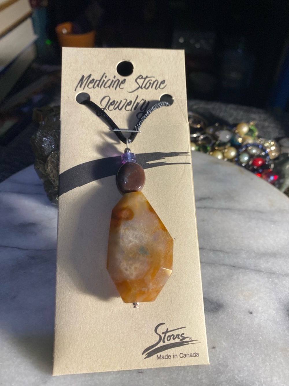 Brown Agate Pendant Necklace W long adjustable rope